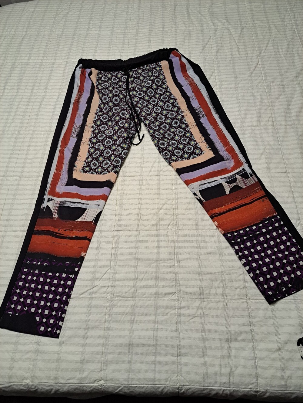 Clover Canyon Mixed-Print Elastic Waist Pants. Purple, Black, Rust and Cream